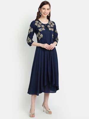 Women's Navy Blue Rayon Slub Embroidered Double Layer Dress 1