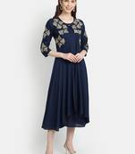 Women's Navy Blue Rayon Slub Embroidered Double Layer Dress