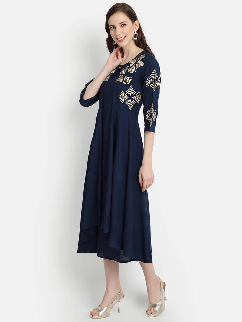 Women's Navy Blue Rayon Slub Embroidered Double Layer Dress