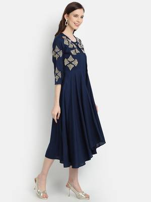 Women's Navy Blue Rayon Slub Embroidered Double Layer Dress 3