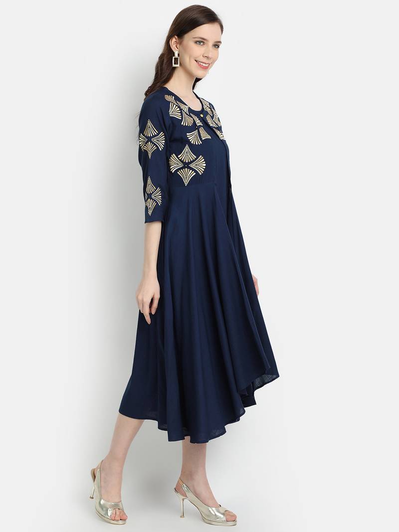 Women's Navy Blue Rayon Slub Embroidered Double Layer Dress