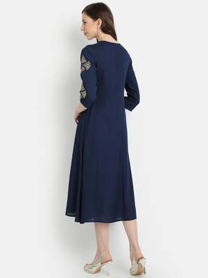 Women's Navy Blue Rayon Slub Embroidered Double Layer Dress 4