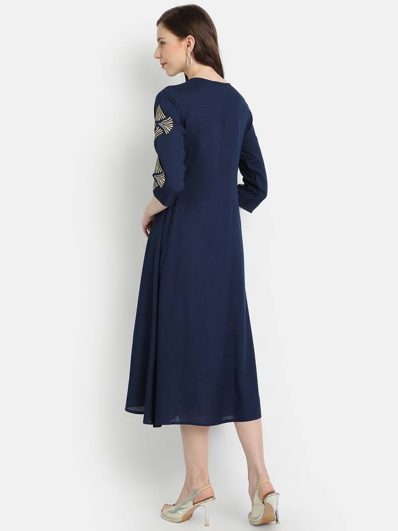 Women's Navy Blue Rayon Slub Embroidered Double Layer Dress