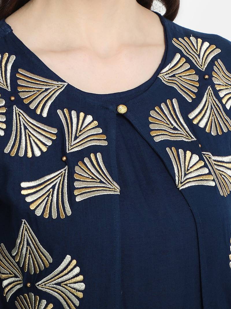 Women's Navy Blue Rayon Slub Embroidered Double Layer Dress