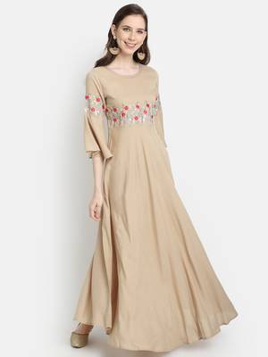 Women's Beige Rayon Slub Embroidered Anarkali Dress 1