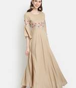 Women's Beige Rayon Slub Embroidered Anarkali Dress