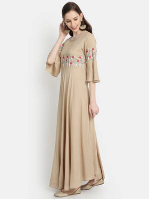 Women's Beige Rayon Slub Embroidered Anarkali Dress 2