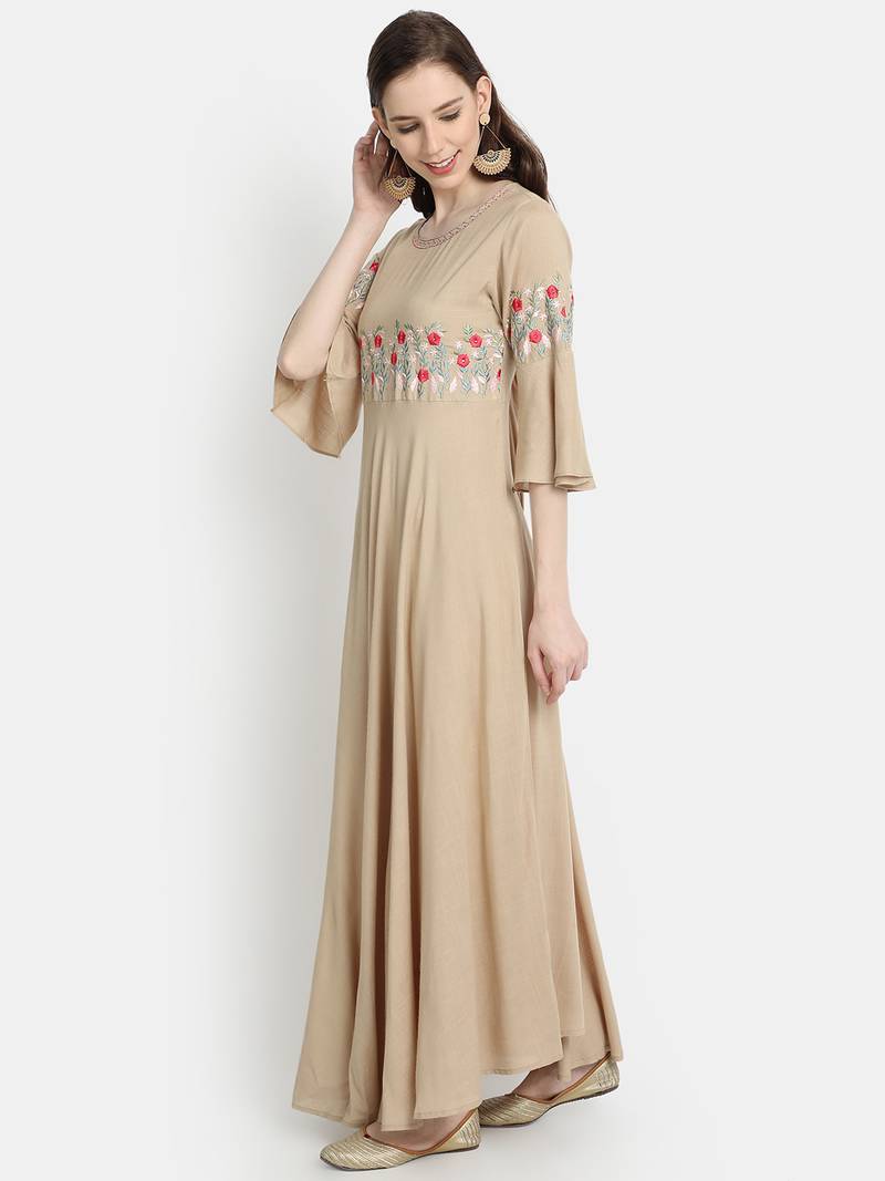 Women's Beige Rayon Slub Embroidered Anarkali Dress