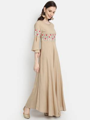 Women's Beige Rayon Slub Embroidered Anarkali Dress 3