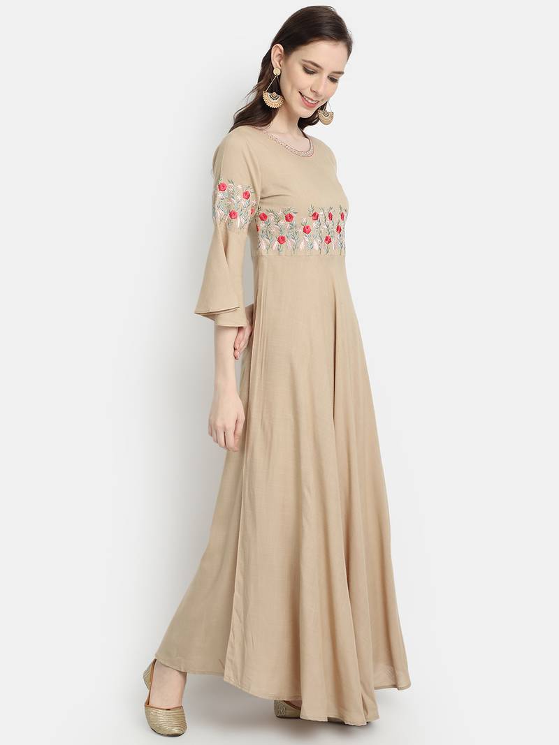 Women's Beige Rayon Slub Embroidered Anarkali Dress