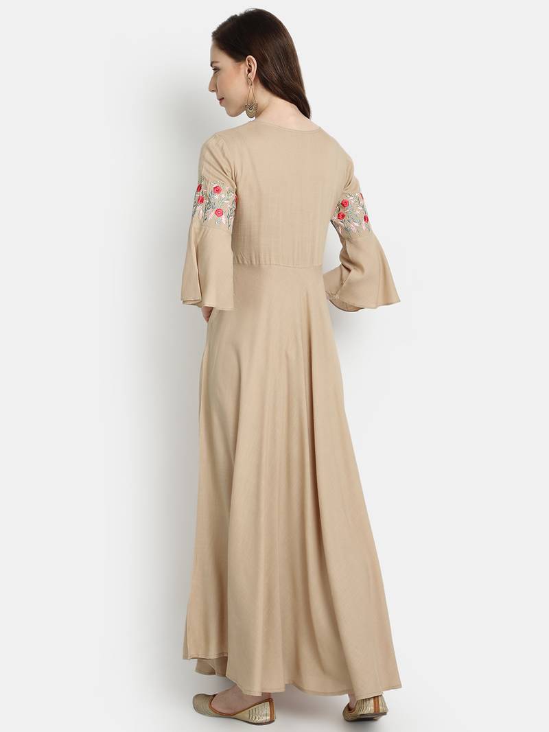 Women's Beige Rayon Slub Embroidered Anarkali Dress