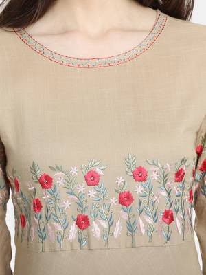 Women's Beige Rayon Slub Embroidered Anarkali Dress 5