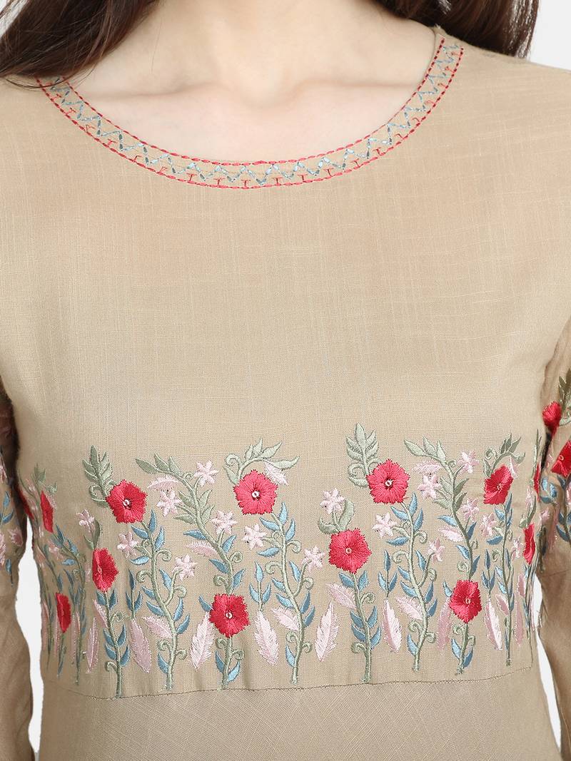 Women's Beige Rayon Slub Embroidered Anarkali Dress