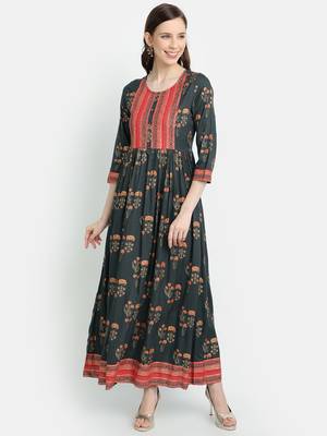 Women's Grey Rayon Printed Anarkali Dress 1
