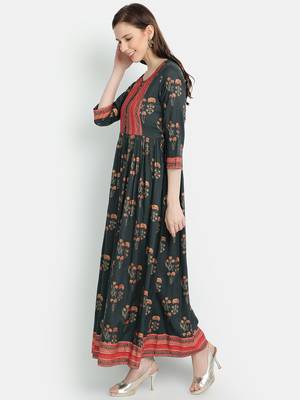 Women's Grey Rayon Printed Anarkali Dress 2