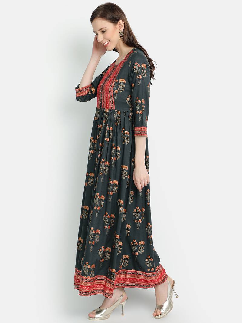 Women's Grey Rayon Printed Anarkali Dress