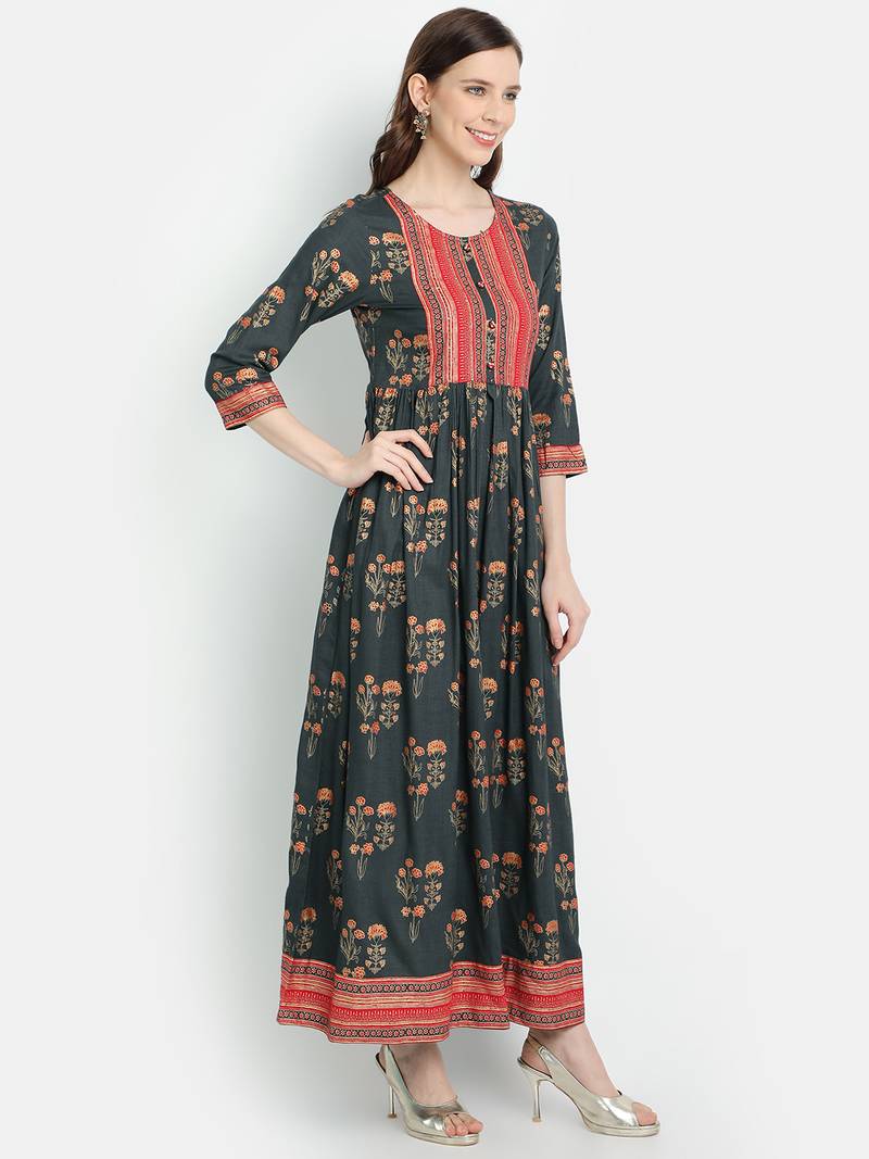 Women's Grey Rayon Printed Anarkali Dress