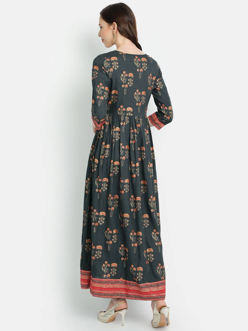 Women's Grey Rayon Printed Anarkali Dress