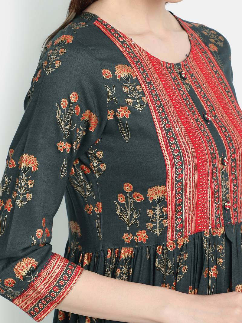 Women's Grey Rayon Printed Anarkali Dress