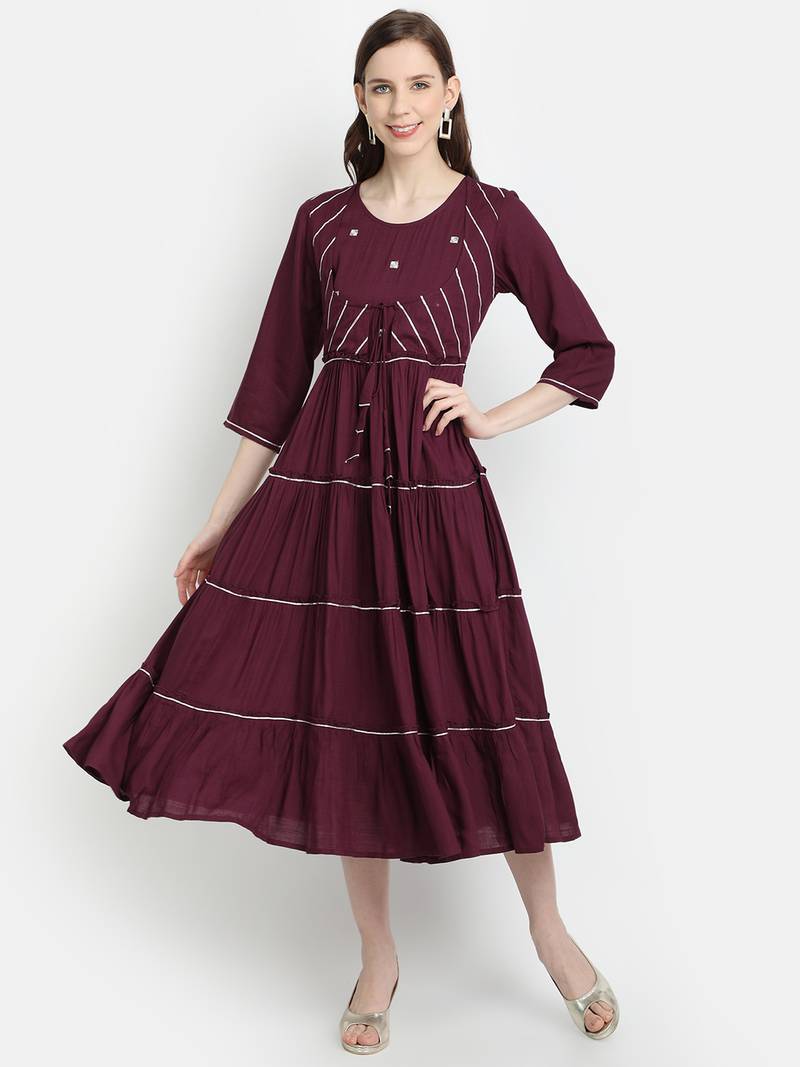 Women's Wine Rayon Slub Dyed Anarkali Dress