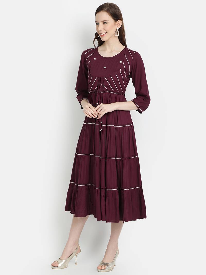 Women's Wine Rayon Slub Dyed Anarkali Dress