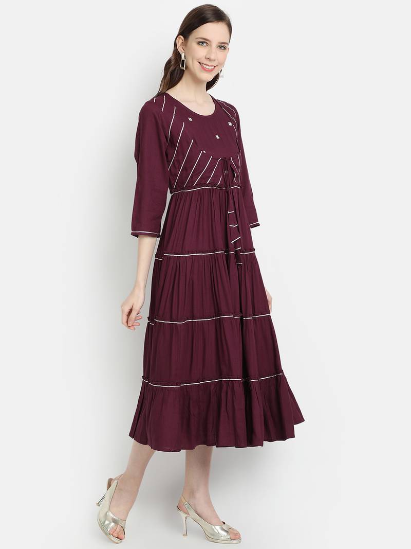 Women's Wine Rayon Slub Dyed Anarkali Dress