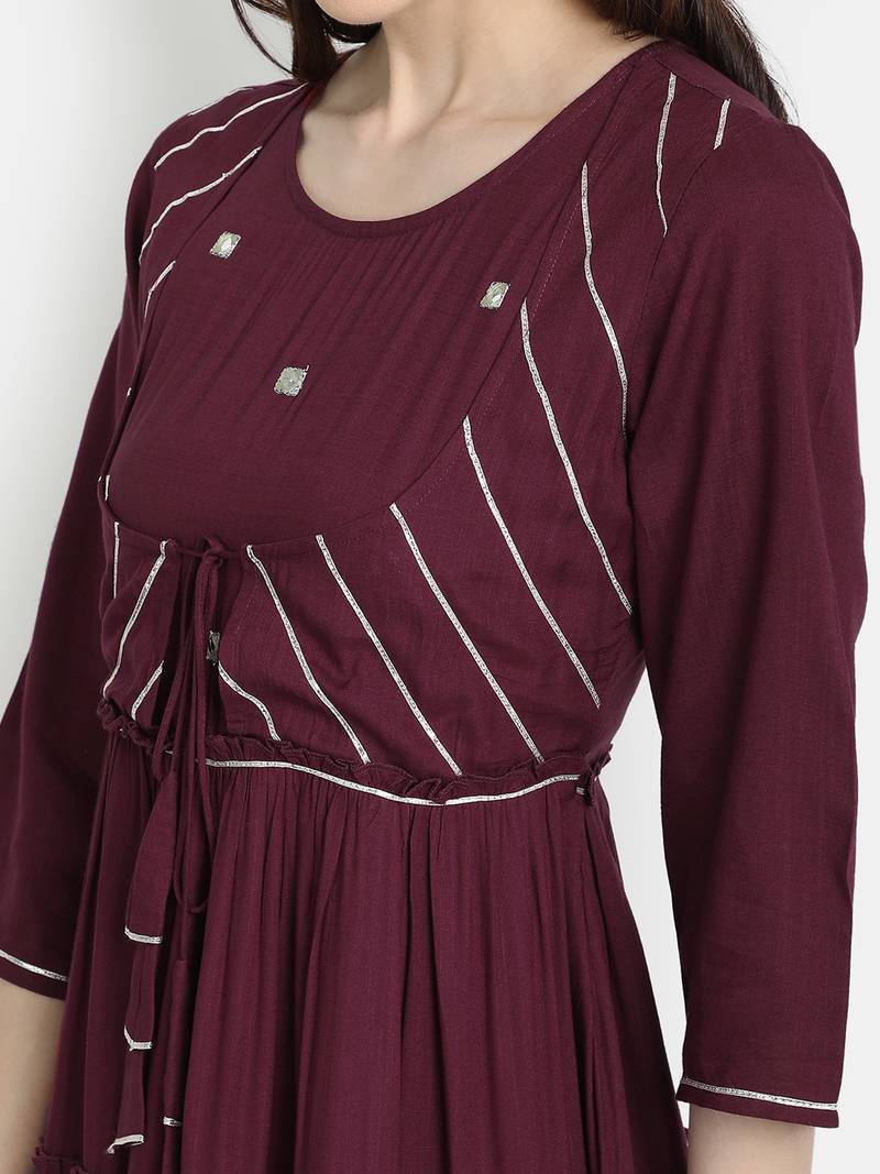 Women's Wine Rayon Slub Dyed Anarkali Dress