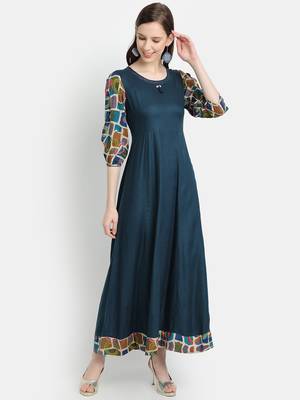 Women's Teal Blue Rayon Printed Anarkali Dress 1