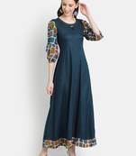 Women's Teal Blue Rayon Printed Anarkali Dress