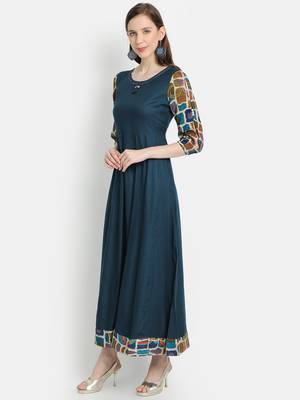 Women's Teal Blue Rayon Printed Anarkali Dress 2
