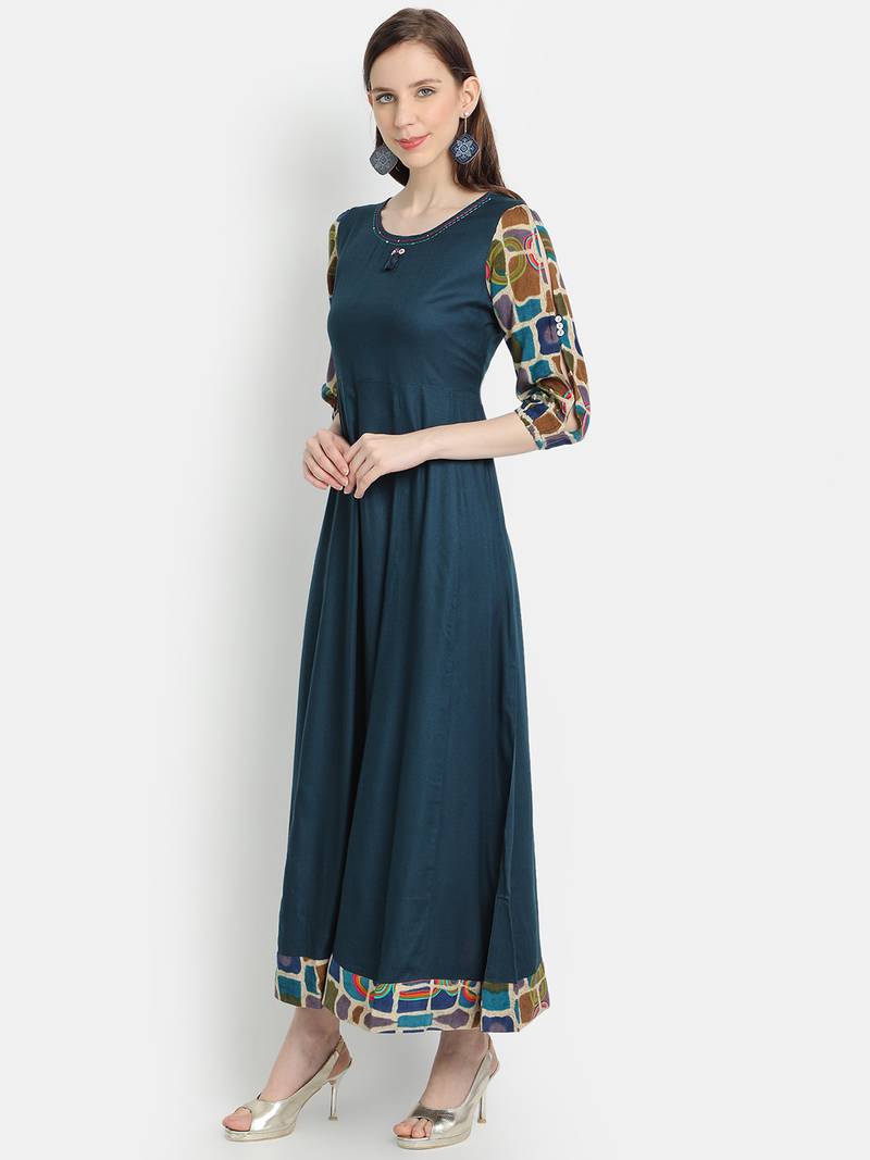 Women's Teal Blue Rayon Printed Anarkali Dress