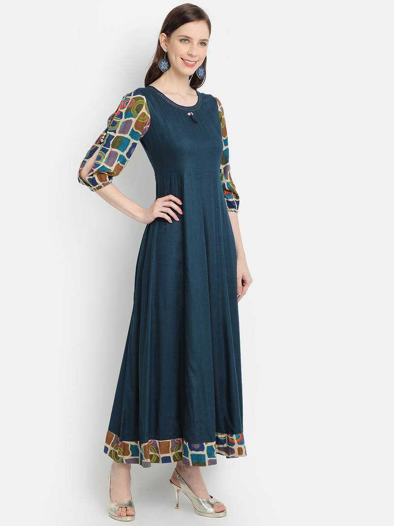 Women's Teal Blue Rayon Printed Anarkali Dress