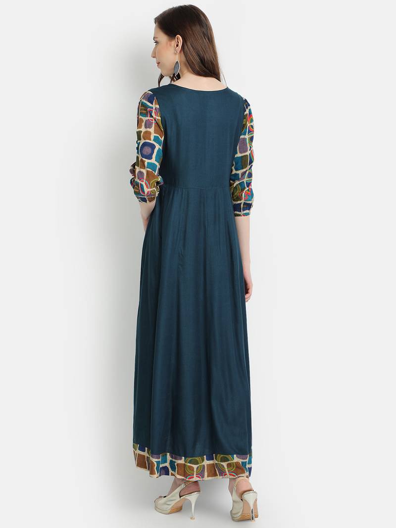 Women's Teal Blue Rayon Printed Anarkali Dress