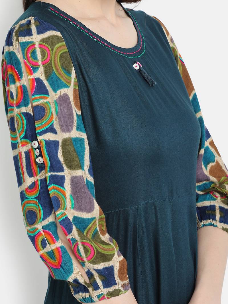 Women's Teal Blue Rayon Printed Anarkali Dress