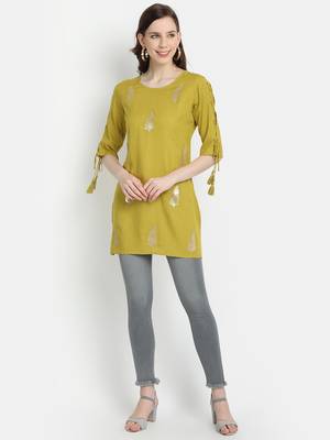 Women's Lime Green Rayon Slub Embroidered Straight Tunic Short Kurti 1