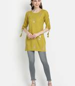 Women's Lime Green Rayon Slub Embroidered Straight Tunic Short Kurti