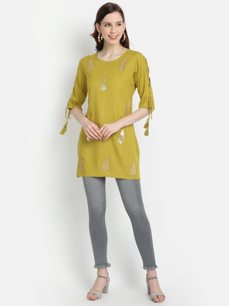 Women's Lime Green Rayon Slub Embroidered Straight Tunic Short Kurti