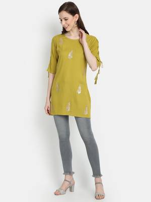 Women's Lime Green Rayon Slub Embroidered Straight Tunic Short Kurti 2