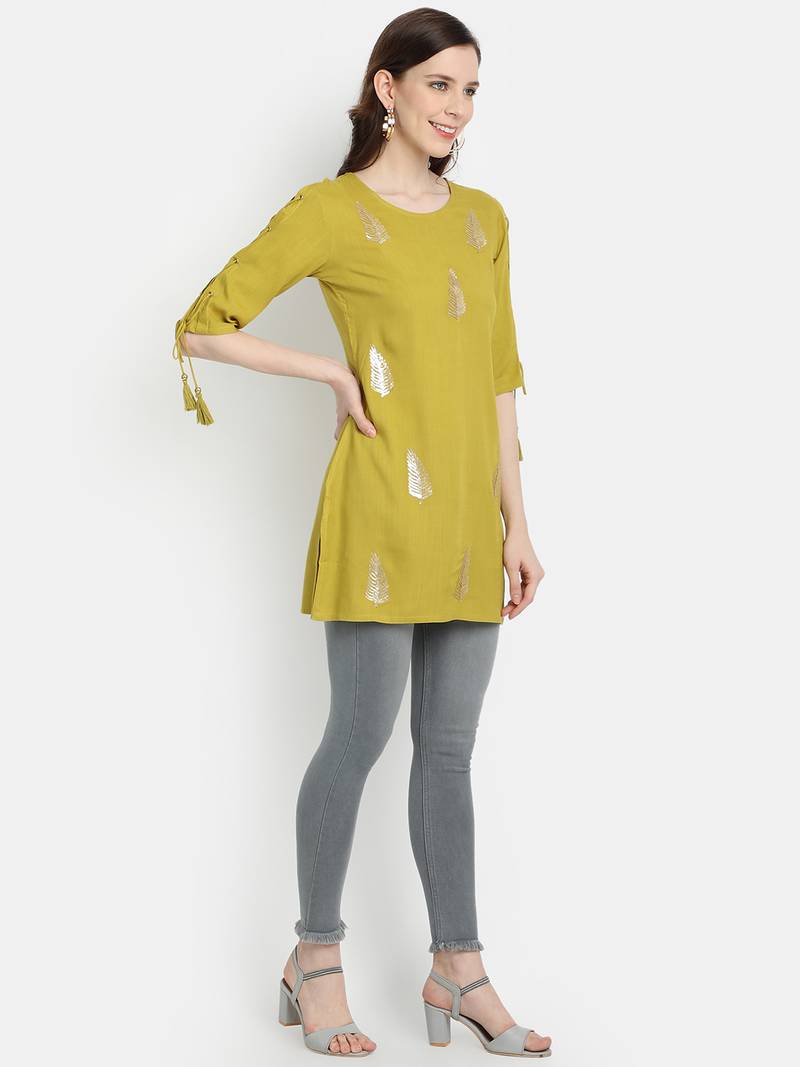 Women's Lime Green Rayon Slub Embroidered Straight Tunic Short Kurti