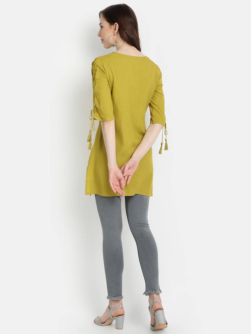 Women's Lime Green Rayon Slub Embroidered Straight Tunic Short Kurti