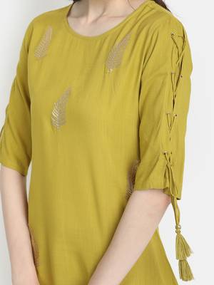 Women's Lime Green Rayon Slub Embroidered Straight Tunic Short Kurti 5