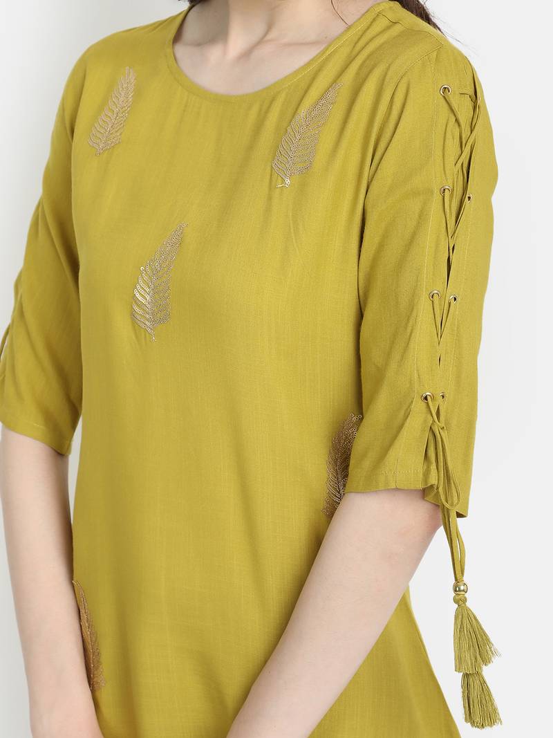 Women's Lime Green Rayon Slub Embroidered Straight Tunic Short Kurti