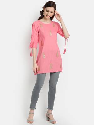 Women's Peach Rayon Slub Embroidered Straight Tunic Short Kurti 1