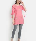 Women's Peach Rayon Slub Embroidered Straight Tunic Short Kurti