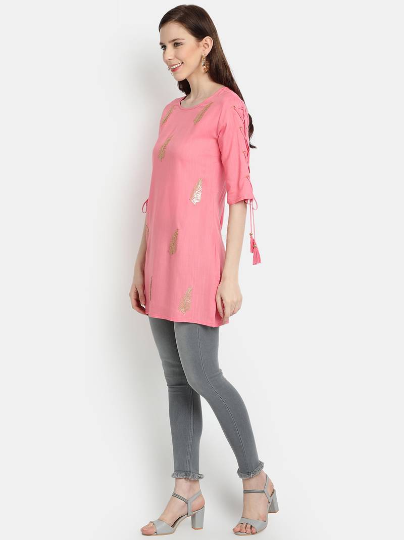 Women's Peach Rayon Slub Embroidered Straight Tunic Short Kurti