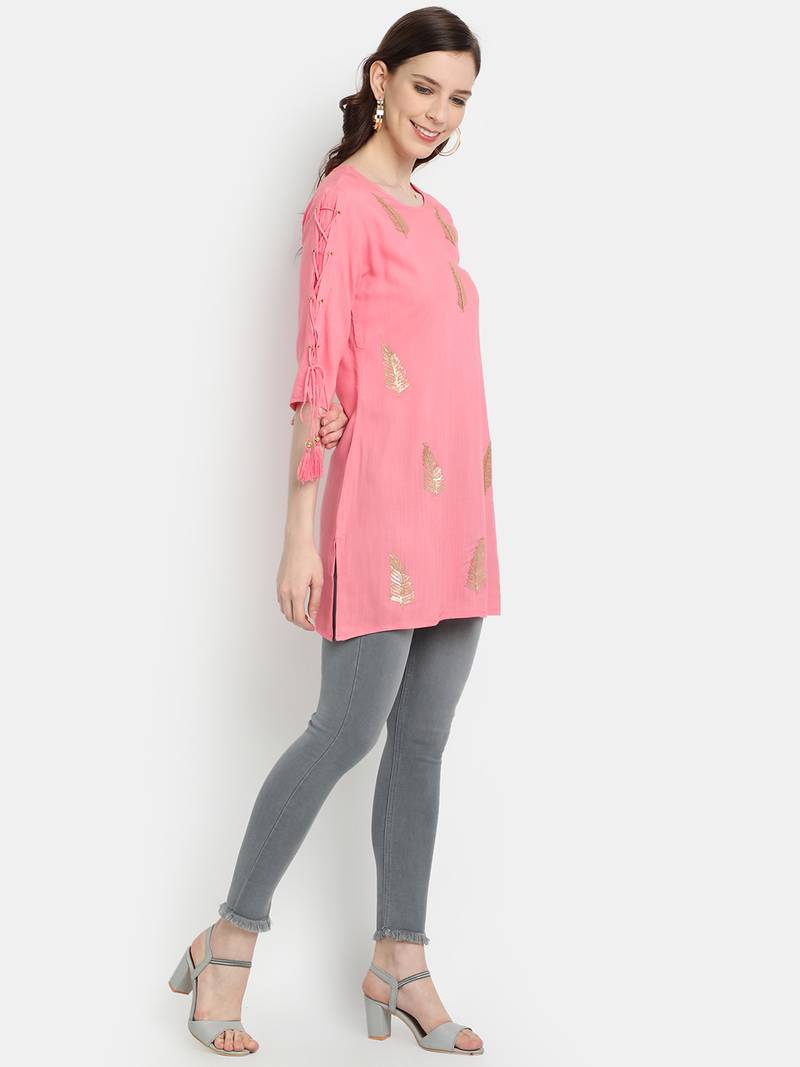 Women's Peach Rayon Slub Embroidered Straight Tunic Short Kurti