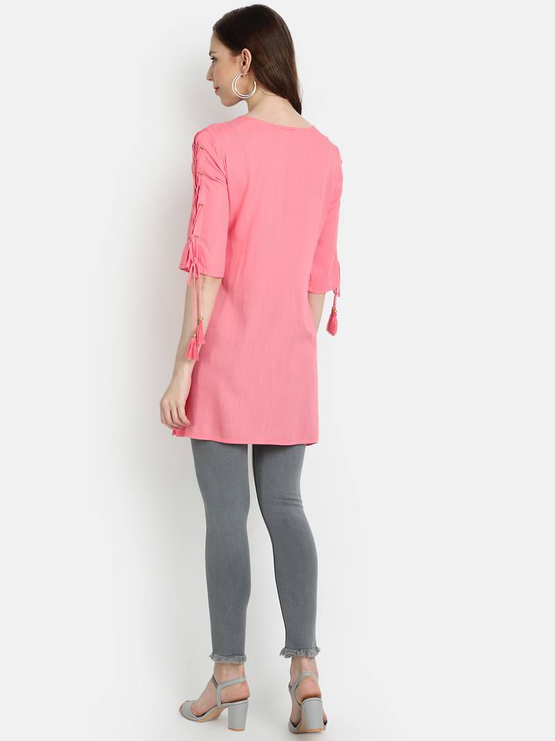 Women's Peach Rayon Slub Embroidered Straight Tunic Short Kurti