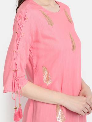 Women's Peach Rayon Slub Embroidered Straight Tunic Short Kurti 5