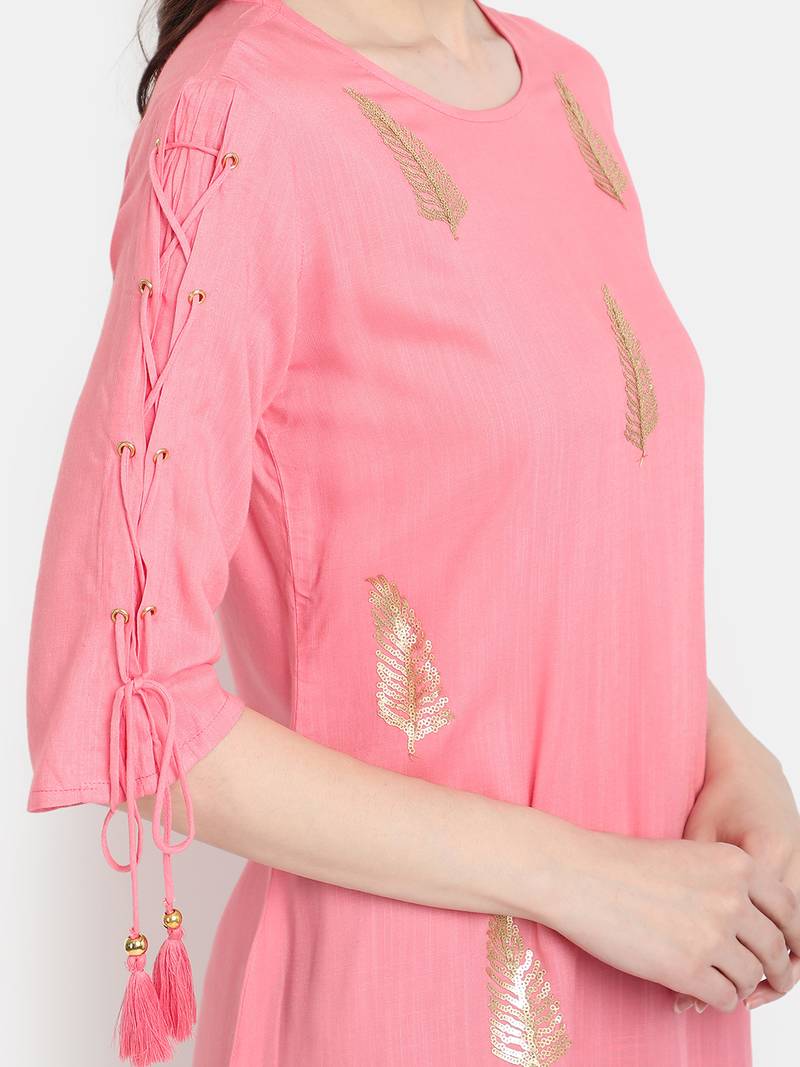 Women's Peach Rayon Slub Embroidered Straight Tunic Short Kurti