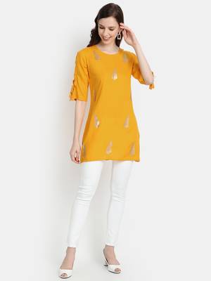 Women's Mustard Rayon Slub Embroidered Straight Tunic Short Kurti 1